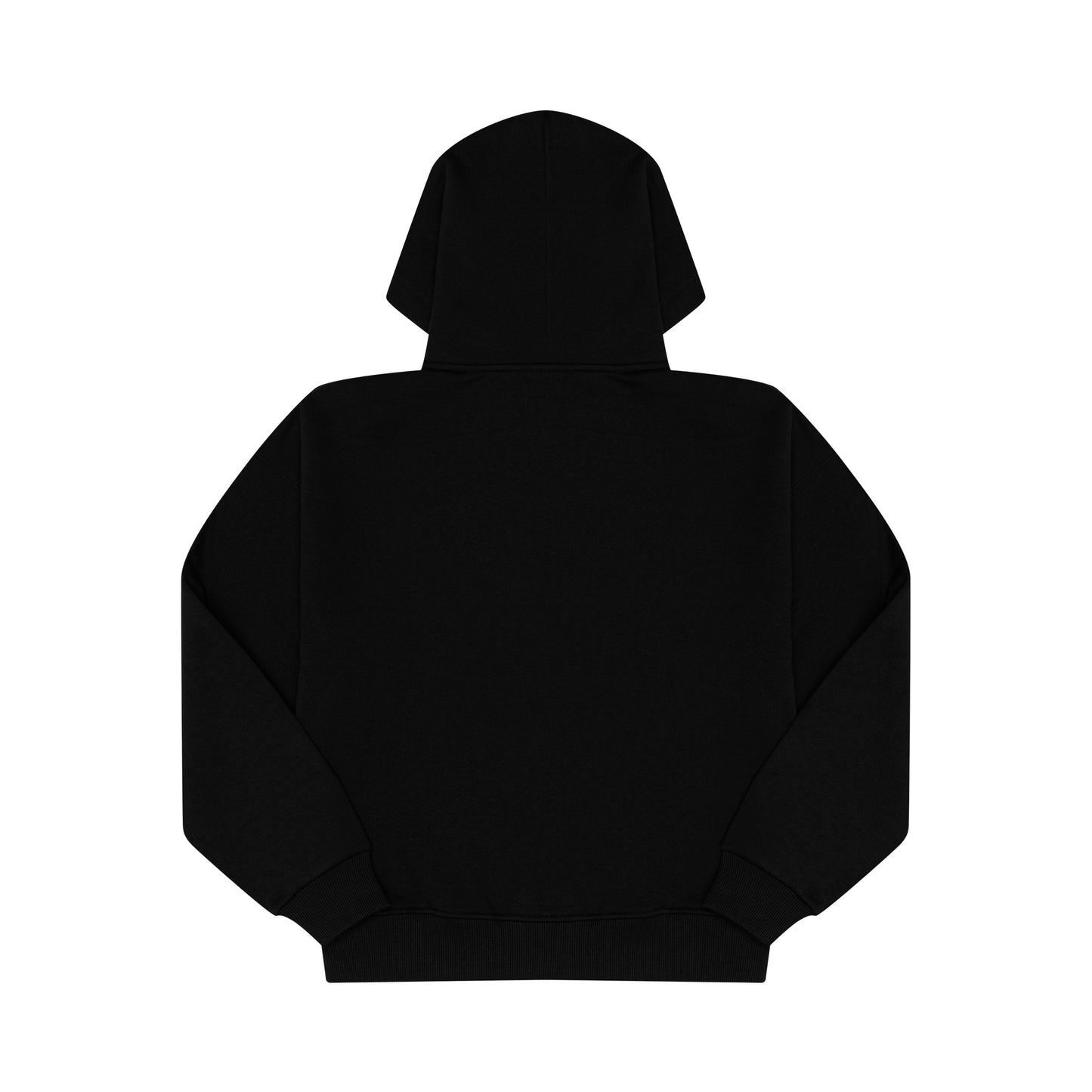 Oversized black Saving Grace hoodie flat lay back view with relaxed fit and ribbed hem