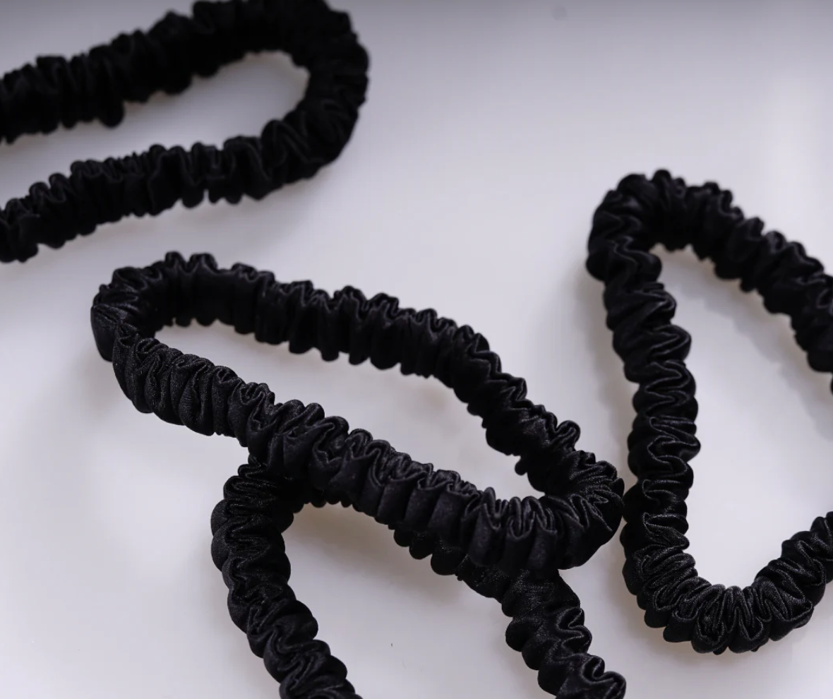 Black mulberry silk scrunchies set of three, thin luxury hair ties designed to reduce breakage and frizz