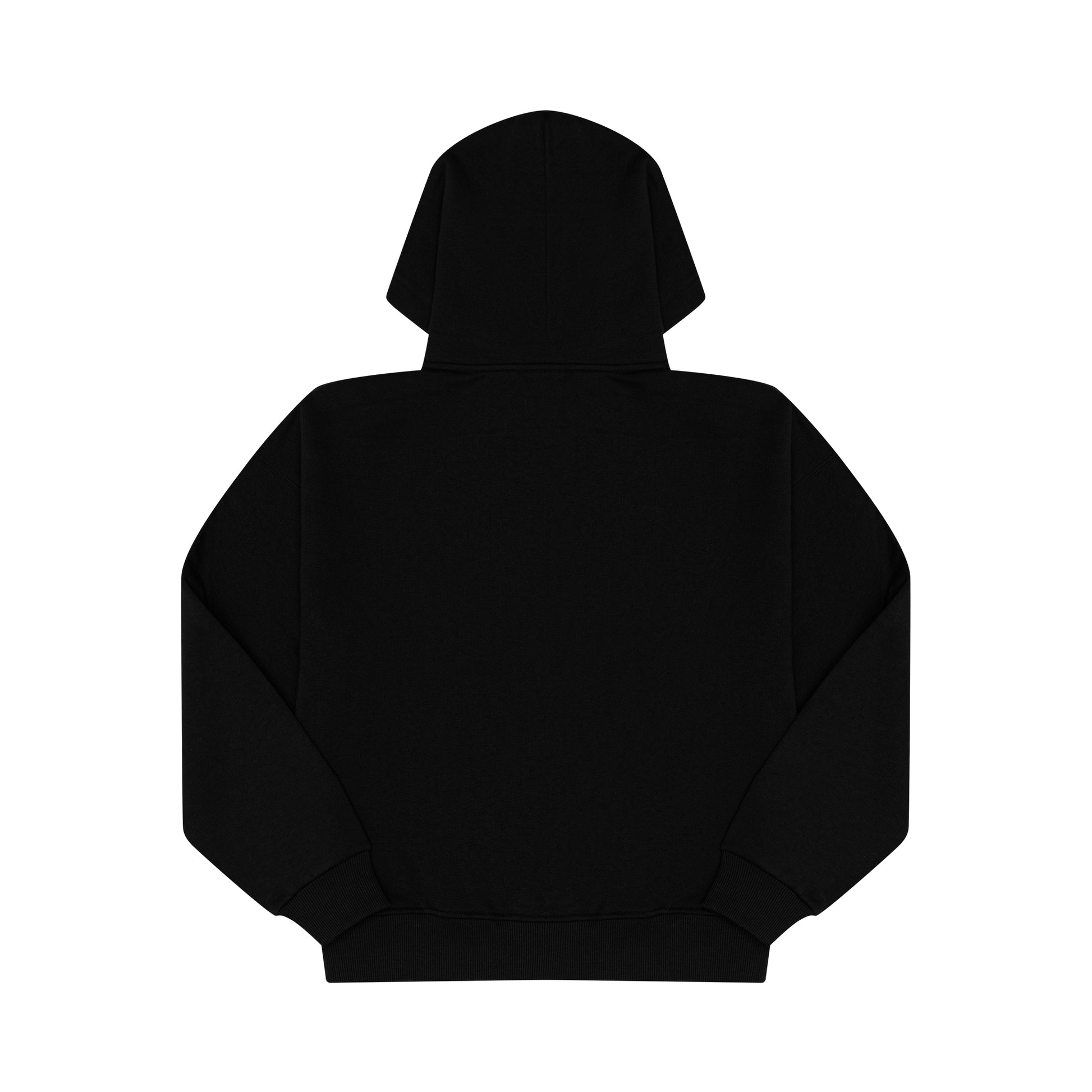 Oversized black Saving Grace hoodie flat lay back view with relaxed fit and ribbed hem