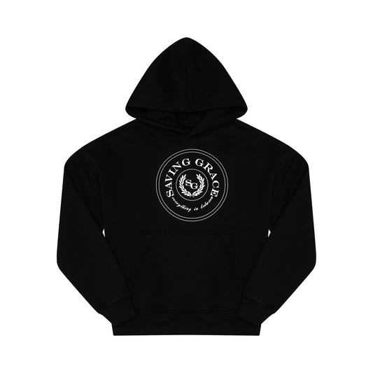 Premium oversized black hoodie with Saving Grace SG emblem and front pocket