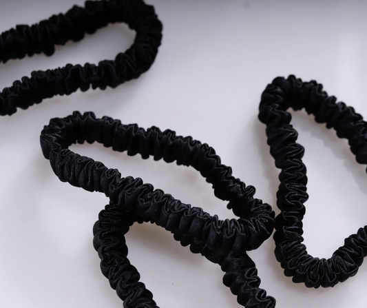 Black mulberry silk scrunchies set of three, thin luxury hair ties designed to reduce breakage and frizz