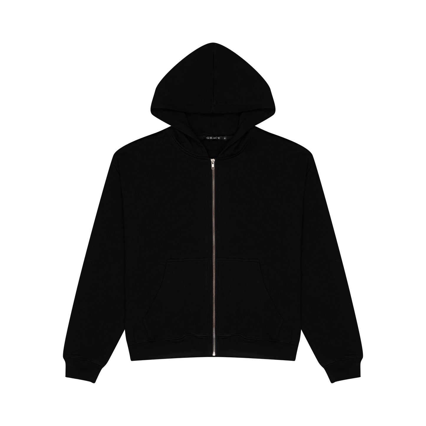 Black unisex oversized zip up sweatshirt front view in 10oz French terry cotton