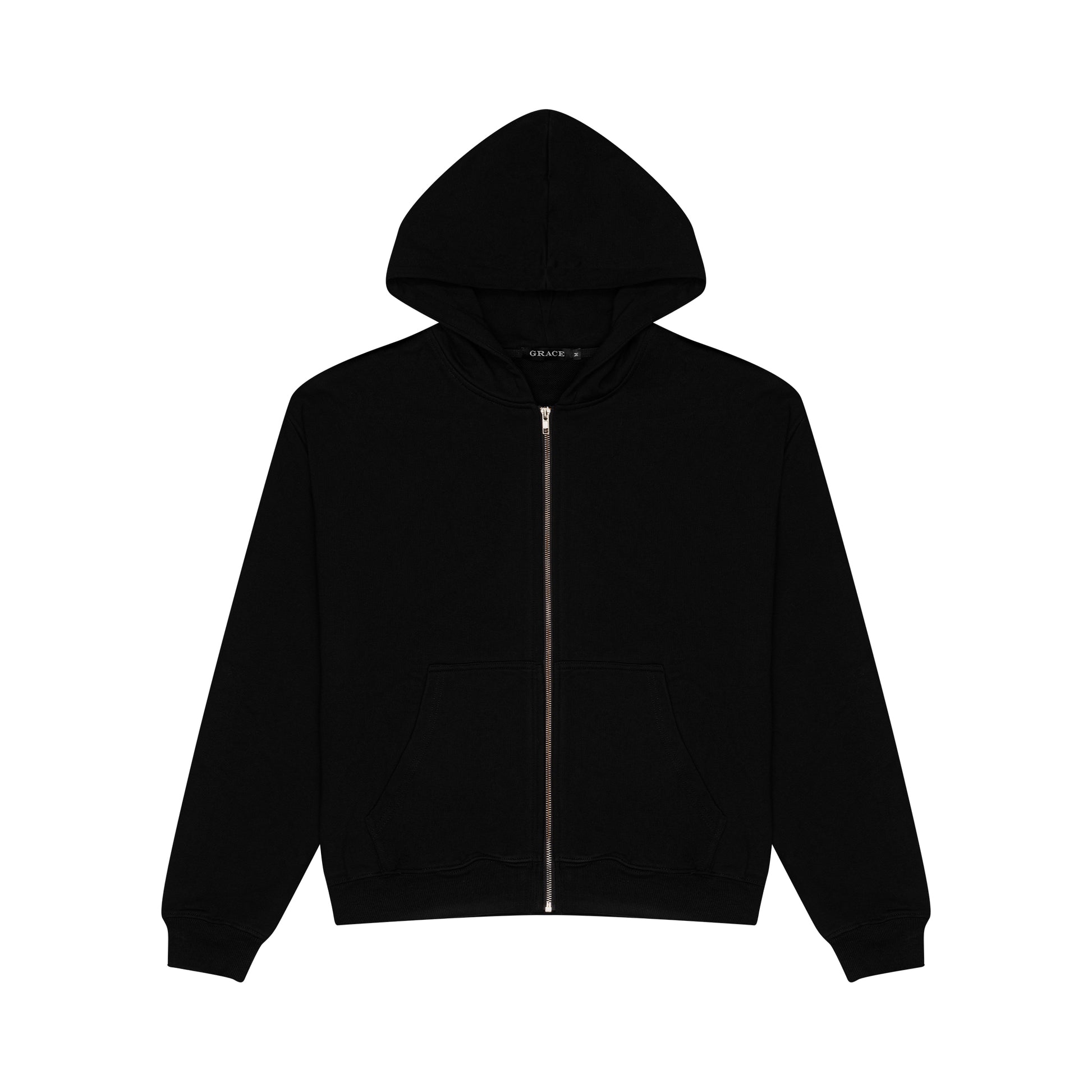 Black unisex oversized zip up sweatshirt front view in 10oz French terry cotton