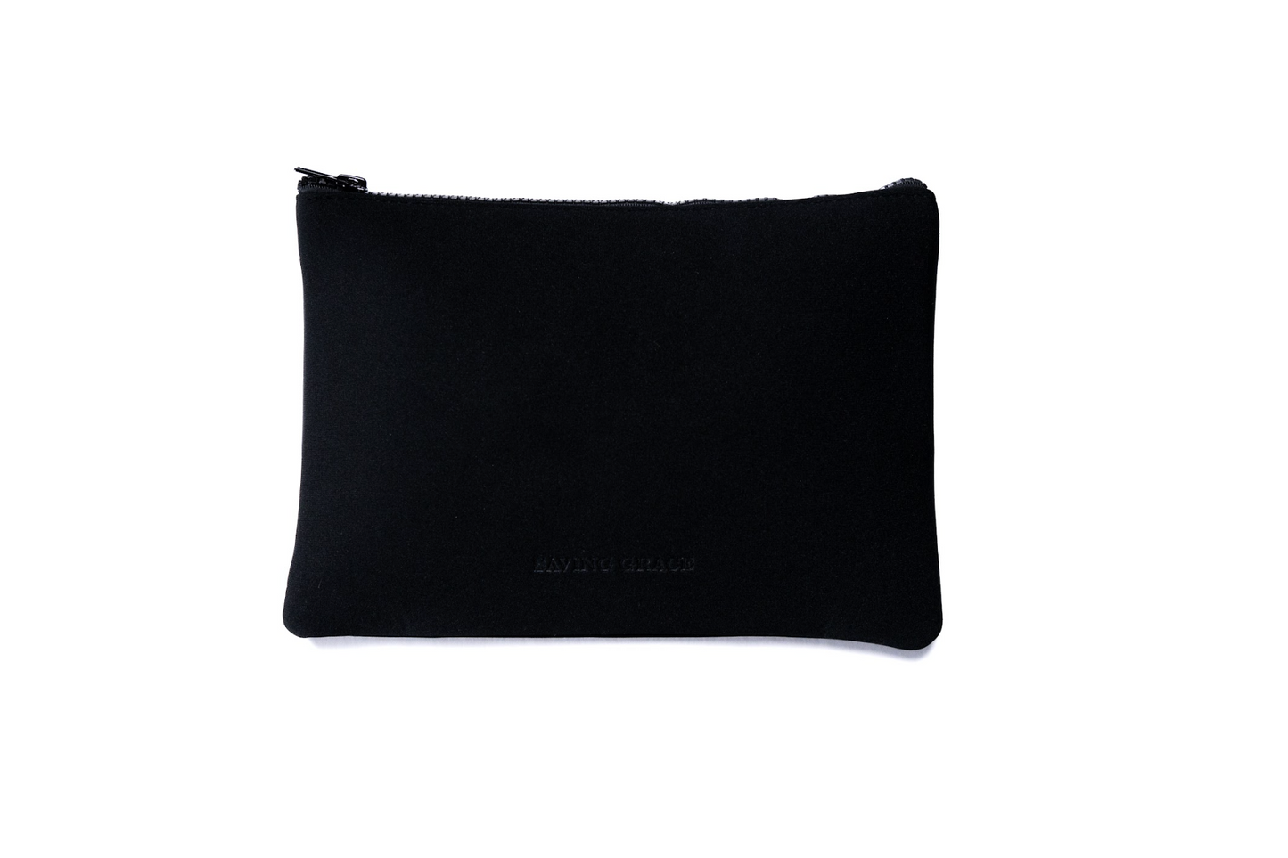 Saving Grace Neoprene Skincare Pouch, durable soft-touch black material, compact organizer for skincare products, ideal for travel or vanity